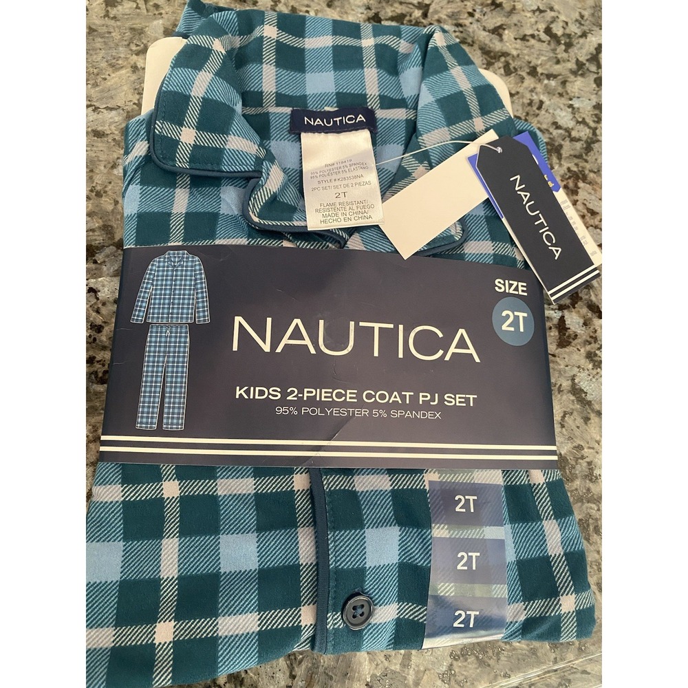 NWT Kids 2 Piece PJ Size 2T pajamas Nautica Flame Resistant Boys Blue Plaid